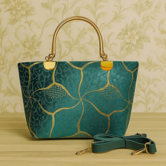 Women’s Velvet Handbag with Golden Metal Handle