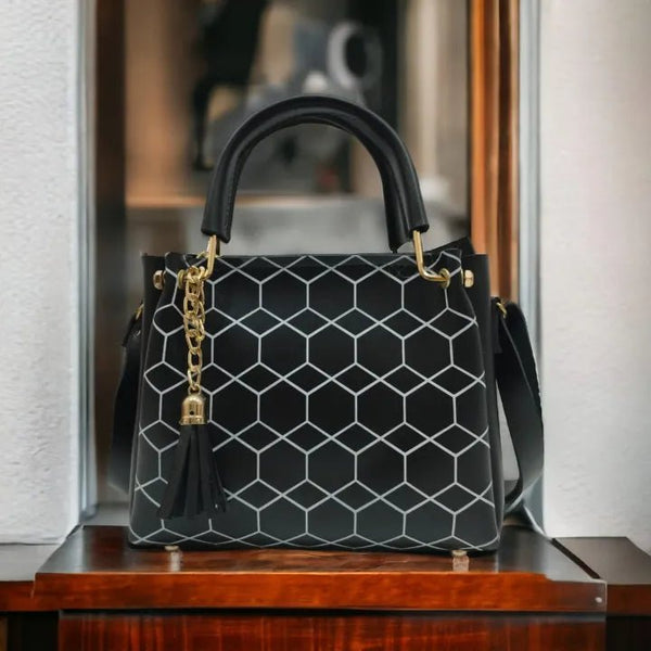 Stylish Geometric Pattern Handbag with Metal Handle - Purse Paradise